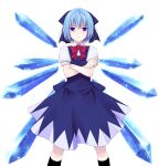  1girl black_socks blue_dress blue_eyes blue_hair blush bow bowtie cirno closed_mouth collared_shirt commentary_request crossed_arms crote dress feet_out_of_frame hair_bow hair_ornament half-closed_eyes highres ice ice_wings large_variant_set legs_apart looking_at_viewer pinafore_dress puffy_short_sleeves puffy_sleeves red_bow red_bowtie shirt short_hair short_sleeves skirt skirt_set sleeve_cuffs sleeveless sleeveless_dress socks solo tachi-e touhou transparent_background v-shaped_eyebrows variant_set white_shirt wings 