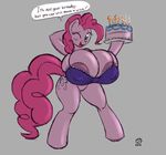  2014 anthro areola badgerben big_breasts blush bra breasts cake clothing earth_pony english_text equine female food friendship_is_magic horse huge_breasts hyperstorm_h looking_at_viewer mammal my_little_pony nipple_bulge one_eye_closed panties pinkie_pie_(mlp) pony sketch smile solo text underwear wink 