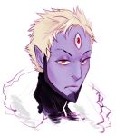  1boy beelzebumon blonde_hair bridge_piercing colored_skin commentary demon_boy digimon digimon_(creature) earrings english_commentary face_piercing frown highres jewelry karina_farek lips male_focus no_mask piercing purple_skin red_eyes short_hair solo third_eye 