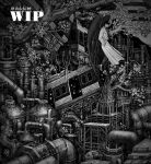  1boy absurdly_detailed_composition black_wings cable coat collared_shirt commentary dalchi09 demon_horns feathered_wings full_body greyscale hands_in_pockets horns karst kim_dokja monochrome official_alternate_costume omniscient_reader's_viewpoint open_clothes open_coat scaffolding shirt standing symbol-only_commentary train tree white_coat wings wire 