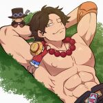  3boys abs absurdres arms_behind_head arms_up artist_name bead_necklace beads belt biceps black_coat black_hair blue_shirt blue_shorts burn_scar closed_eyes closed_mouth coat collared_shirt elbow_pads freckles fur-trimmed_shorts fur_trim goggles goggles_on_headwear hat highres jewelry kageimo looking_at_viewer lying male_focus mini_person miniboy monkey_d._luffy multiple_boys muscular muscular_male necklace nipples on_back one_eye_closed one_piece open_clothes open_coat orange_belt parted_bangs pectorals portgas_d._ace red_shirt sabo_(one_piece) sandals scar scar_on_face shirt short_hair shorts single_elbow_pad smile straw_hat top_hat twitter_username watermark 