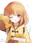  1girl ;q artist_name bag blurry blush brown_hair brown_mittens closed_mouth coat commentary depth_of_field flying_sweatdrops food hairband haruchimo highres holding holding_food hood hood_down hooded_coat kanon looking_at_viewer medium_hair mittens one_eye_closed paid_reward_available paper_bag red_eyes red_hairband revision ribbed_sweater simple_background smile solo sweater taiyaki tareme tehepero tongue tongue_out tsukimiya_ayu turtleneck turtleneck_sweater twitter_username upper_body wagashi white_background white_sweater winged_bag winter_clothes yellow_coat 