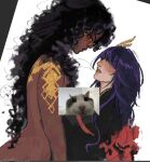  2girls alternate_costume armor back_bow blunt_bangs blush bow braid brown_hair catfurnac3 censored clenched_teeth closed_eyes closed_mouth clothed_female_nude_female colored_veins completely_nude couple crossover dark-skinned_female dark_skin english_commentary faceless faceless_female from_side genshin_impact glitter glitter_makeup gold_armor gold_tattoo hair_down hair_ornament hair_over_eyes implied_sex incoming_kiss japanese_clothes kimono league_of_legends leaning_forward leaning_on_person long_braid long_hair mel_(league_of_legends) multiple_girls nervous_sweating nose_blush nude purple_hair raiden_shogun shade shoulder_plates shy single_braid standing sweat teeth unfinished upper_body very_dark_skin white_background yuri 