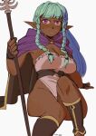  1girl 3amsoda :o aqua_hair blush braid braided_sidelock breasts cleavage cloak commentary dark-skinned_female dark_elf dark_skin elf frilled_leotard frills highres holding holding_staff large_breasts leotard long_hair pointy_ears purple_cloak rosalinde_(unicorn_overlord) side_braids solo staff strapless sweatdrop unicorn_overlord white_leotard 