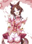 1girl absurdres animal_ears ascot breasts brown_hair collared_shirt commentary_request flower-shaped_pupils flower_in_eye highres horse_ears horse_girl horse_tail jacket large_breasts looking_at_viewer open_mouth pink_ascot pink_eyes pink_jacket pink_shirt pink_shorts puffy_short_sleeves puffy_sleeves purple_eyes sakura_laurel_(saisir_le_reve)_(umamusume) sakura_laurel_(umamusume) shirt short_hair short_sleeves shorts smile solo symbol-shaped_pupils symbol_in_eye tail umamusume wrist_cuffs xiaofeng 