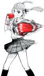  1girl bandaid bandaid_on_cheek bandaid_on_face boxing boxing_gloves breasts commentary_request feet_out_of_frame gloves hair_ribbon hatching_(texture) highres kneehighs lee_(dragon_garou) linear_hatching miniskirt monochrome motion_lines original pleated_skirt punching red_gloves ribbon school_uniform serafuku skirt small_breasts socks solo spot_color twintails 
