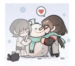  2boys black-framed_eyewear black_dog black_hair black_hanfu black_shorts blue_background blush_stickers character_snowman chibi chibi_only chinese_clothes closed_eyes closed_mouth coat dog glasses gradient_background green_eyes green_scarf hair_between_eyes hanfu hashtag-only_commentary heart highres kiss layered_sleeves long_hair long_sleeves luo_binghe male_focus motion_lines multiple_boys renzha_fanpai_zijiu_xitong ribboned_xiao_guan sandals scarf see-through_body shadow shared_clothes shared_scarf shen_qingqiu shen_yuan shirt short_hair shorts smile snow snowflakes snowing snowman spoken_heart standing surprised tail tail_wagging white_background white_coat white_shirt wolf_cut zorenbigmalo 
