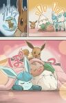  2026 absurd_res ambiguous_gender anthro blue_body blush brown_body brown_eyes brown_fur comic dipstick_tail eevee eeveelution emanata eyes_closed feral frozen frozen_solid fur furniture generation_1_pokemon generation_2_pokemon generation_4_pokemon glaceon green_eyes group hakkentai_pkdn happy hi_res japanese_text kotatsu lying male mammal markings multicolored_body nintendo on_back on_front open_mouth pawpads paws pokemon pokemon_(species) pokemon_mystery_dungeon size_difference sleeping sleeping_together snover solo spike_chunsoft suine swinub table tail tail_markings teeth text two_tone_body 