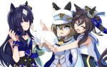  1girl 3girls absurdres animal_ears ascot asymmetrical_clothes asymmetrical_jacket beret blue_cape blue_eyes blue_hair blue_ribbon breasts brown_hair cape cheval_grand_(grand_itineraire)_(umamusume) cheval_grand_(umamusume) closed_eyes closed_mouth commentary_request ear_covers ears_through_headwear gloves hair_between_eyes hat hat_belt highres horse_ears horse_girl jacket long_hair midriff_peek multicolored_hair multiple_girls navel one-piece_swimsuit open_mouth peaked_cap ribbon sailor_collar shirt simple_background single_ear_cover single_glove smile streaked_hair swimsuit swimsuit_under_clothes twintails umamusume v_sisters verxina_(le_beau_sommet)_(umamusume) verxina_(umamusume) vivlos_(umamusume) vivlos_(voyage_etincelant)_(umamusume) white_background white_hair white_hat white_jacket white_sailor_collar white_shirt xiaofeng yellow_ascot 