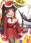  1girl absurdres belt black_belt black_hair blood blood_halo blue_archive breasts christmas_tree cleavage cleavage_cutout clothing_cutout commentary_request dress fangs fur-trimmed_headwear fur_trim halo hat highres large_breasts liquid_halo long_sleeves low_wings open_mouth pantyhose pom_pom_(clothes) red_eyes red_halo sabo10_fighter santa_costume santa_dress santa_hat solo tsurugi_(blue_archive) wings 