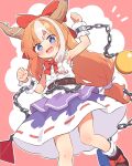  1girl :d akikawa_yayoi_(umamusume) belt black_belt black_shoes blue_eyes blush bow bowtie chain commentary_request cosplay cuffs fang footwear_bow hair_bow highres horns ibuki_suika ibuki_suika_(cosplay) long_hair low-tied_long_hair multicolored_hair open_mouth orange_hair orb pink_background pyramid_(geometry) red_bow red_bowtie rotasu_(rotasqqfv) shirt shoes skin_fang sleeveless sleeveless_shirt smile socks solo streaked_hair torn_clothes torn_shirt torn_sleeves touhou two-tone_background two-tone_hair umamusume v-shaped_eyebrows very_long_hair white_background white_hair white_shirt white_socks 
