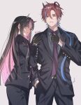  2boys absurdres adjusting_clothes adjusting_necktie alternate_costume alternate_hairstyle artist_name black_gloves black_hair black_jacket black_pants black_suit blue_hair blue_streaks buttoned_cuffs buttons cho_kaguya-hime! closed_mouth colored_inner_hair commentary cone_horns cowboy_shot curtained_hair dress_pants dress_shirt ear_piercing expressionless face_piercing forehead gloves grey_background grey_horns grey_shirt grin hair_between_eyes hair_down hand_in_pocket hand_on_another's_shoulder height_difference highres horns jacket komazawa_noi lip_piercing lip_ring long_hair long_sleeves looking_at_viewer low_side_ponytail male_focus middle_part mikado_akira_(cho_kaguya-hime!) mikan_(artist) multicolored_hair multiple_boys multiple_piercings necktie oni pants piercing pink_eyes pocket profile purple_necktie red_hair red_horns shirt side_labret_piercing sideways_glance simple_background small_horns smile standing straight-on streaked_hair suit suit_jacket trap two-tone_hair very_long_hair yellow_eyes 
