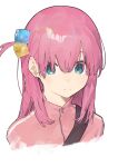  1girl absurdres blue_eyes bocchi_the_rock! closed_mouth commentary_request cube_hair_ornament gotoh_hitori hair_ornament highres jacket looking_at_viewer one_side_up pink_hair pink_jacket shiloroshi simple_background solo track_jacket upper_body white_background 