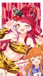  >_< 2girls ;d absurdres animal_ears animal_print blush bow bowtie breasts brown_bow claw_pose cleavage club_(weapon) commentary_request ear_bow facial_mark hair_between_eyes heart heart_facial_mark heart_on_cheek highres holding holding_sign horse_ears horse_girl horseshoe_ornament kanabou long_hair looking_at_viewer loves_only_you_(umamusume) mamemaki mayano_top_gun_(umamusume) medium_breasts midriff mole mole_on_neck multicolored_hair multiple_girls navel one_eye_closed oni_costume pink_hair ponytail purple_serafuku purple_shirt red_hair sailor_collar sailor_shirt school_uniform serafuku setsubun shirt shorts sign signature smile strapless tiger_print tokyo_sports tracen_school_uniform tube_top two-tone_hair umamusume weapon white_bow white_bowtie yashimo_1875 yellow_eyes yellow_shorts yellow_tube_top 