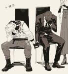  2boys absurdres boots commentary_request covering_own_face fate/grand_order fate_(series) gloves greyscale highres holding_hands holding_hands_as_punishment_(meme) jacket kokujin_youhei male_focus meme monochrome multiple_boys nagakura_shinpachi_(fate) necktie pants saitou_hajime_(fate) short_hair sitting translation_request 