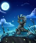  2014 ambiguous_gender blue_eyes changeling cloud fangs feral firefly glowing grass hi_res moon my_little_pony outside pridark solo 