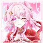  1girl ;3 absurdres artist_request border chinese_commentary chinese_hairstyle commentary_request commission highres honkai:_star_rail honkai_(series) march_7th_(honkai:_star_rail) march_7th_(hunt)_(honkai:_star_rail) medium_hair multicolored_eyes one_eye_closed pink_hair red_shirt second-party_source shirt solo two-tone_eyes upper_body watermark 