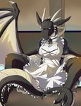  2014 anthro bdsm black_skin blue_eyes blush bondage bound breasts bulge clothed clothing dickgirl dragon horn intersex it&#039;s_a_trap koori looking_at_viewer maid maid_uniform simple_background solo tenting trainerselva watermark wings 