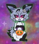 >:3 absurd_res arm_scar black_body black_fur black_sclera blush chest_tuft circle_eyebrows ear_scar eeveelution eyebrows fangs female feral fur generation_1_pokemon green_outline hair hi_res jolteon justiceposting multicolored_hair neck_scar nintendo outline patch_(marking) pokemon pokemon_(species) pumpkin_basket pupils red_eyes rosy_cheeks scar screw_in_head sharp_teeth simple_background solo teeth tuft two_tone_hair two_tone_tail unusual_pupils white_body white_fur