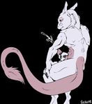  backlash91 black_background blush clenched_teeth cum cumshot erection hand_on_thigh long_tail looking_down male masturbation mewtwo nintendo orgasm penis plain_background pok&eacute;mon rear_view signature sitting solo teeth video_games 