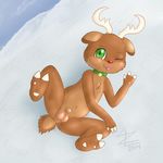  2014 anthro antlers balls big_balls blush cervine chibi christmas cute fur hair holidays horn looking_at_viewer male mammal nipples nude outside penis reindeer snow solo winter zekromlover 