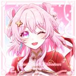  1girl ;o absurdres artist_request border chinese_commentary chinese_hairstyle commentary_request commission highres honkai:_star_rail honkai_(series) march_7th_(honkai:_star_rail) march_7th_(hunt)_(honkai:_star_rail) medium_hair multicolored_eyes one_eye_closed open_mouth pink_hair red_shirt second-party_source shirt solo two-tone_eyes upper_body watermark 