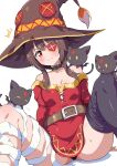  1girl absurdres animal_collar animal_on_leg animal_on_shoulder arm_support bandaged_leg bandages bare_shoulders belt black_belt black_collar black_hair black_hat black_panties black_thighhighs blush brown_belt cat choker chomusuke closed_mouth collar collarbone commentary_request dress dutch_angle eggman_(ni_tamagoex) eyepatch flying_sweatdrops gradient_background hat heart highres kono_subarashii_sekai_ni_shukufuku_wo! leaning_back long_sleeves looking_at_viewer loose_bandages loose_thighhigh m_legs megumin microdress off-shoulder_dress off_shoulder panties pantyshot red_dress red_eyes shadow short_hair_with_long_locks simple_background single_thighhigh sitting spread_legs sweatdrop thighhighs underwear white_background witch_hat 