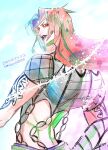  1boy arm_tattoo blue_lips diavolo eyeliner fishnet_top fishnets from_behind green_eyes hashtag-only_commentary highres jojo_no_kimyou_na_bouken long_hair looking_at_viewer looking_back makeup male_focus pants parted_lips purple_pants red_eyeliner red_hair sayuri28050 solo spotted_hair tattoo toned toned_male vento_aureo 