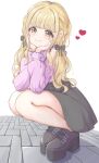  1girl :3 black_bow black_shoes black_skirt blonde_hair bow braid closed_mouth clothing_cutout commentary_request fujita_kotone full_body gakuen_idolmaster hair_bow head_on_hands head_rest heart highres idolmaster long_sleeves looking_at_viewer low_twintails platform_shoes puffy_long_sleeves puffy_sleeves puren_416 purple_shirt shirt shirt_tucked_in shoes shoulder_cutout skirt smile solo squatting twintails twintails_day white_background yellow_eyes 