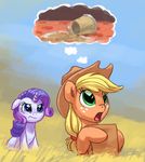  2014 applejack_(mlp) blonde_hair blue_eyes cider cowboy_hat cup digital_media_(artwork) equine female friendship_is_magic grass green_eyes hair hat horn horse mammal my_little_pony outside pony ponytail purple_hair rarity_(mlp) siansaar sky thought unicorn 