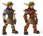 2003 armor beard belt blue_eyes bob_rafei clothing eyewear facial_hair fingerless_gloves gloves goggles green_beard green_facial_hair green_hair hair handwear hi_res humanoid humanoid_pointy_ears jak_(jak_and_daxter) jak_and_daxter male naughty_dog not_furry official_art pointy_ears red_scarf scarf simple_background solo sony_corporation sony_interactive_entertainment standing white_background