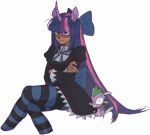  1boy 1girl alternate_skin_color animal_ears black_dress blue_eyes blue_hair bow chuck_(psg) collar color_connection cosplay crossed_arms dark-skinned_female dark_skin dress gothic_lolita hair_bow hair_color_connection highres horse_ears horse_girl lace_trim lolita_fashion mistigri0000 multicolored_hair my_little_pony my_little_pony:_equestria_girls my_little_pony:_friendship_is_magic panty_&amp;_stocking_with_garterbelt pink_streaks purple_streaks sitting spike_(my_little_pony) spike_(my_little_pony)_(cosplay) spiked_collar spikes stocking_(psg) stocking_(psg)_(cosplay) streaked_hair striped_clothes striped_hair striped_thighhighs sweatdrop thighhighs twilight_sparkle twilight_sparkle_(human) unicorn_horn white_background 