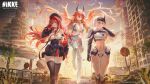  3girls absurdres beret black_jacket black_pants black_skirt black_thighhighs breasts bridge city closed_eyes commentary_request day ghost gloves goddess_of_victory:_nikke hand_in_own_hair hat highres horns jacket large_breasts long_hair long_sleeves mechanical_arms mechanical_horns multiple_girls navel official_art open_clothes open_jacket outdoors pants rapi_(nikke) rapi_(red_hood)_(nikke) red_eyes red_gloves red_hair red_hood_(nikke) red_jacket road_sign shorts sign skirt snow_white_(heavy_arms)_(nikke) snow_white_(nikke) stop_sign sun thighhighs walking white_hair white_shorts yellow_eyes 