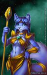  2014 anthro black_nose blue_fur blue_hair canine clothed clothing cybercat female fox fur green_eyes hair krystal loincloth mammal midriff navel necklace nintendo polearm short_hair shoulder_pads skimpy smile space staff standing star star_fox tribal video_games weapon 