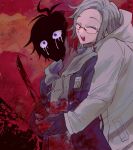  2boys :d ^_^ ahoge aotsuki_eito black_gloves blood blood_on_clothes blood_on_knife blue_eyes blue_jacket closed_eyes commentary_request drawstring dripping_eye glasses gloves grey_hair grey_jacket hand_on_another's_hand highres holding holding_knife holding_weapon hood hoodie jacket jacket_over_hoodie kawati knife male_focus multicolored_jacket multiple_boys open_clothes open_jacket red_hair semi-rimless_eyewear shaded_face short_hair smile spoilers sumino_takumi the_hundred_line_-last_defense_academy- two-tone_jacket weapon white_hoodie white_jacket wide-eyed 