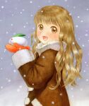  1girl :d blonde_hair brown_coat brown_eyes coat commentary_request efira from_side fur-trimmed_coat fur-trimmed_sleeves fur_trim holding_snow_rabbit long_hair long_sleeves looking_at_viewer mittens open_mouth original painting_(medium) red_mittens smile snow_rabbit snowing solo traditional_media upper_body watercolor_(medium) winter_clothes 