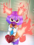 2025 absurd_res anthro asian_clothing biped black_body black_sclera bottomwear box_of_chocolates breasts candy chocolate clothed clothing dessert east_asian_clothing female fire flaming_tail food fur galo glowing glowing_eyes hair heart_eyes heart_symbol hi_res holding_object holidays inside japanese_clothing japanese_school_uniform looking_at_viewer medium_breasts orange_bottomwear orange_clothing orange_skirt pink_eyes purple_body purple_fur purple_hair school school_uniform serafuku shirt skirt solo tail topwear uniform unknown_species valentine's_day white_clothing white_shirt white_topwear zipper zipper_mouth