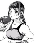  1girl abs bandaid bandaid_on_cheek bandaid_on_face blunt_bangs boxing boxing_gloves braid breasts commentary_request greyscale hatching_(texture) highres lee_(dragon_garou) linea_alba linear_hatching long_hair low_twin_braids medium_breasts monochrome open_mouth original sidelocks solo sports_bra toned toned_female twin_braids 