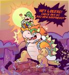 2024 4_fingers anthro artist_name bent_arm big_nose blue_clothing blue_overalls bowser bracelet brown_clothing brown_facial_hair brown_footwear brown_hair brown_mustache brown_shoes button_(fastener) carrying_another carrying_partner claws clothed clothed_human clothed_male clothing cloud collar colored curved_horn darkwingsnark dialogue digital_drawing_(artwork) digital_media_(artwork) dot_eyes duo dust english_description english_text evening eyebrows eyebrows_through_hat facial_hair featureless_crotch finger_claws fingers fist footwear fully_clothed fully_clothed_human fully_clothed_male gloves green_clothing green_hat green_headwear green_shell green_shirt green_topwear grey_armlet grey_bracelet grey_collar hair handwear happy hat headgear headwear heart_symbol horn human jewelry king koopa larger_anthro larger_male light lighting luigi male male/male mammal mario_bros mountain_range mustache nintendo open_mouth open_smile orange_eyebrows orange_hair orange_sky outside overalls red_tongue royalty scales scalie shaded sharp_teeth shell shirt shoes short_hair simple_eyes size_difference sky smaller_human smaller_male smile smoke sparkles spiked_shell spiked_tail spikes spikes_(anatomy) standing studded_armlet studded_bracelet studded_collar studded_jewelry studs sun tail tan_body tan_scales tan_spikes teeth text thick_eyebrows toe_claws tongue topwear white_claws white_clothing white_gloves white_handwear yelling yellow_body yellow_scales