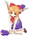  144udy 1girl ball_and_chain_restraint black_shoes blonde_hair blush bow bowtie brown_horns closed_mouth commentary_request footwear_bow gourd hair_bow highres horn_ornament horn_ribbon horns ibuki_suika kneeling long_hair oni orange_eyes purple_skirt red_bow red_bowtie ribbon ribbon-trimmed_skirt ribbon_trim shirt shoes simple_background skirt smile socks solo touhou white_background white_shirt white_socks 