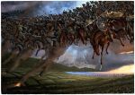  1boy 6+girls absurdres armor artist_name battle black_sun blonde_hair blue_eyes braid brunhilda_(mythology) christian_sloan_hall commentary english_commentary field fire flying graphite_(medium) grey_eyes grey_hair helmet highres holding holding_polearm holding_weapon horse lightning long_hair longship multiple_girls norse norse_mythology odin_(mythology) pelt people polearm riding roman_numeral saddle shield spear sun traditional_media twin_braids valkyrie viking weapon 