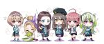  6+girls absurdres ahoge black_hair blue_eyes brown_hair chibi chibi_only commentary_request crescent green_hair hairband heaven_burns_red highres incredibly_absurdres joedan_yunari multiple_girls ooshima_ichiko ooshima_isuzu ooshima_minori ooshima_muua ooshima_niina ooshima_yotsuha pink_eyes pink_hair purple_eyes red_eyes team_31e_(heaven_burns_red) 