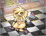  2014 animatronic anthro black_sclera blush bonnie_(fnaf) breasts cupcake cupcake_(fnaf) dullvivid english_text female five_nights_at_freddy&#039;s five_nights_at_freddy&#039;s_2 food hair looking_at_viewer machine mechanical messy_hair pink_eyes robot rollerskates sharp_teeth teeth text thick_thighs toy_chica_(fnaf) 