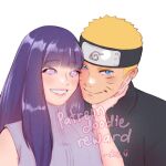  1boy 1girl adversarial_noise artist_name black_headband black_jacket blonde_hair blue_eyes blunt_bangs breasts commentary english_commentary facial_mark forehead_protector hand_on_another's_chin headband hyuuga_hinata iamdslr jacket large_breasts long_hair naruto:_the_last naruto_(series) purple_eyes purple_hair purple_vest uzumaki_naruto vest watermark whisker_markings 