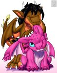  2014 ambiguous_gender bite black_eyes black_hair blue_sclera brown_skin claws cute daniel_kay dragon duo eyes_closed feral hair horn looking_up one_eye_closed petting pink_skin plain_background shadow western_dragon white_background wings 