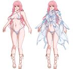  1girl arm_cutout bikini black_bow blue_ribbon bow breasts brown_eyes brown_ribbon brown_sandals closed_mouth clothing_cutout coat collared_coat commentary commission diamond_cutout english_commentary expressionless eyelashes hair_bow high_collar infinity_nikki jewelry jonval knees leg_ribbon light_blush lingerie lipstick long_hair long_sidelocks long_sleeves looking_at_viewer low_twintails makeup medium_breasts navel necklace nikki_(nikki) nikki_(series) pink_hair pink_lips polka_dot polka_dot_bikini ribbon sandals second-party_source see-through_clothes see-through_coat sidelocks simple_background skinny string_bikini swimsuit toenails toes twintails underwear variations very_long_hair wavy_hair white_background white_bikini white_coat 