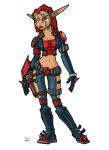 2002 absurd_res ashelin belt bob_rafei boots breasts clothing elf facial_tattoo female footwear hi_res holster holstered_pistol humanoid humanoid_pointy_ears jak_and_daxter looking_aside naughty_dog navel not_furry official_art pointy_ears shoes simple_background solo sony_corporation sony_interactive_entertainment standing tattoo white_background