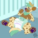 4_fingers 4_toes absurd_res ambiguous_gender anthro artist_logo blush blush_lines bodily_fluids brown_body brown_fur brown_hair brown_inner_ear brown_spots bubblepuppers claws clean_diaper clothed clothing crib diaper diaper_only digitigrade dipstick_ears dipstick_tail drooling ear_markings english_text feet finger_claws fingers full-length_portrait fur gloves_(marking) green_background green_body green_ear_tips green_fur green_hair green_tail green_tail_tip hair hi_res high-angle_view hyena hypnosis leg_markings logo lying mammal markings mind_control multicolored_body multicolored_ears multicolored_fur multicolored_hair on_back on_pillow pawpads pillow portrait purple_claws purple_nose purple_pawpads purple_tongue ringed_eyes saliva simple_background smile snaggle_tooth socks_(marking) solo spots spotted_body spotted_face spotted_fur tail tail_markings text text_on_diaper toe_claws toes tongue tongue_out topless two_tone_hair two_tone_tail vanela_(character) wearing_diaper yellow_body yellow_fur yellow_tail