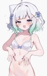  1girl ahoge blue_bow blue_eyes blush bottomless bow bow_bra bra breasts collarbone commentary cowboy_shot densetsu.exe english_commentary gradient_hair green_hair hair_bow hair_intakes hair_ornament half-closed_eyes heart highres indie_virtual_youtuber looking_at_viewer meiwowowo mint_fantome multicolored_hair navel open_mouth pointy_ears short_hair sidelocks simple_background small_breasts smile solo stomach two-tone_hair two_side_up underwear virtual_youtuber white_background white_bra white_hair x_hair_ornament 