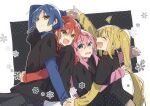  4girls :d black_shirt black_skirt blonde_hair blue_hair bocchi_the_rock! commentary_request gotoh_hitori hug ijichi_nijika kita_ikuyo long_hair looking_at_viewer matching_outfits multiple_girls nervous pink_hair red_hair shirt skirt smile very_long_hair yamada_ryo yuuta_(monochrome) 